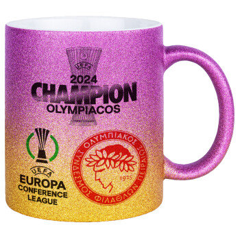 Olympiacos UEFA Europa Conference League Champion 2024, Κούπα Χρυσή/Ροζ Glitter, κεραμική, 330ml