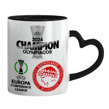 Olympiacos UEFA Europa Conference League Champion 2024, Mug heart black handle, ceramic, 330ml