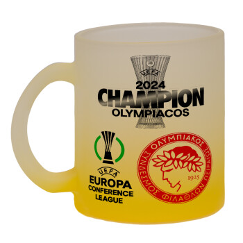 Olympiacos UEFA Europa Conference League Champion 2024, Κούπα γυάλινη δίχρωμη με βάση το κίτρινο ματ, 330ml