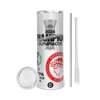 Olympiacos UEFA Europa Conference League Champion 2024, Eco friendly ποτήρι θερμό (tumbler) από ανοξείδωτο ατσάλι 600ml, με μεταλλικό καλαμάκι & βούρτσα καθαρισμού