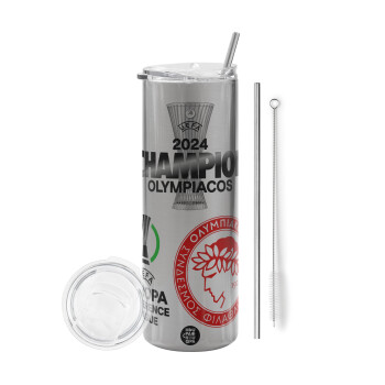 Olympiacos UEFA Europa Conference League Champion 2024, Eco friendly ποτήρι θερμό Ασημένιο (tumbler) από ανοξείδωτο ατσάλι 600ml, με μεταλλικό καλαμάκι & βούρτσα καθαρισμού