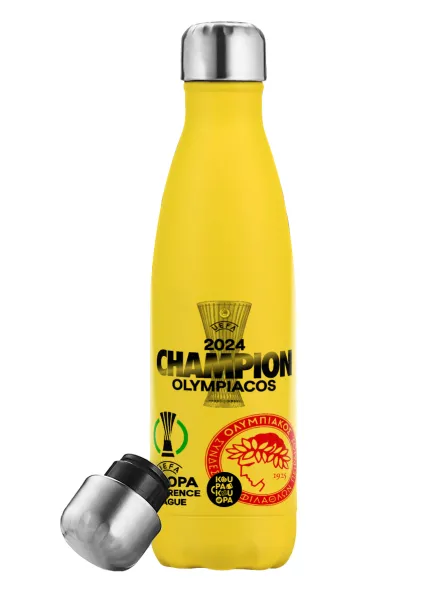 Olympiacos UEFA Europa Conference League Champion 2024 — Yellow Stainless Steel Metallic Thermos, double-walled, 500ml