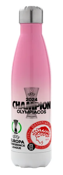 Olympiacos UEFA Europa Conference League Champion 2024 — Μεταλλικό παγούρι θερμός Ροζ/Λευκό (Stainless steel), διπλού τοιχώματος, 500ml