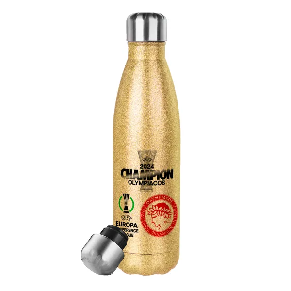 Olympiacos UEFA Europa Conference League Champion 2024 — Glitter gold stainless steel thermos bottle, double-walled, 500ml