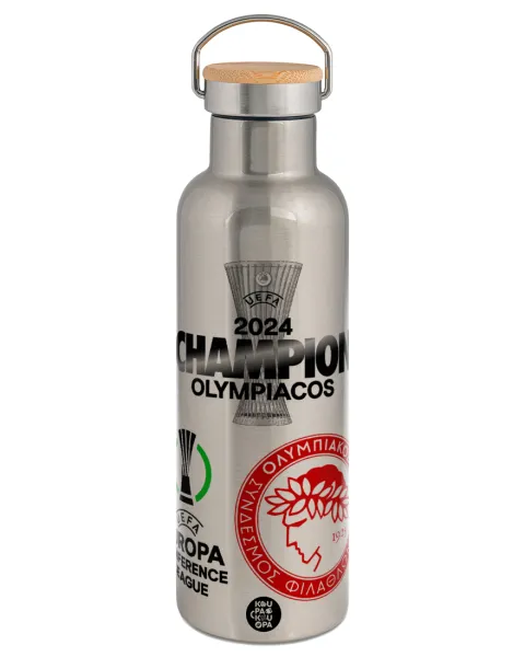 Olympiacos UEFA Europa Conference League Champion 2024 — Stainless steel Silver with wooden lid (bamboo), double wall, 750ml
