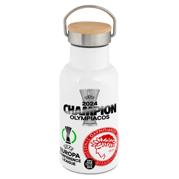 Olympiacos UEFA Europa Conference League Champion 2024 — Metallic thermos (Stainless steel) White with wooden lid (bamboo), double-walled, 350ml