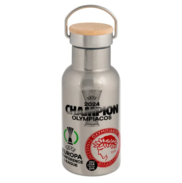 Olympiacos UEFA Europa Conference League Champion 2024 — Stainless steel metallic thermos flask, silver with a bamboo lid, double-walled, 350ml.