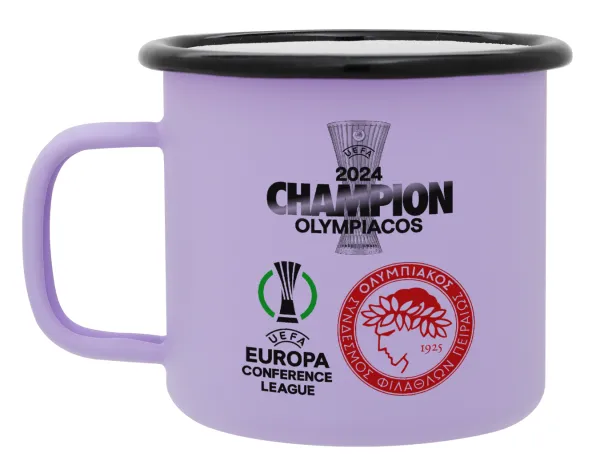 Olympiacos UEFA Europa Conference League Champion 2024 — Metal enamel mug, matte light pastel purple, 360ml