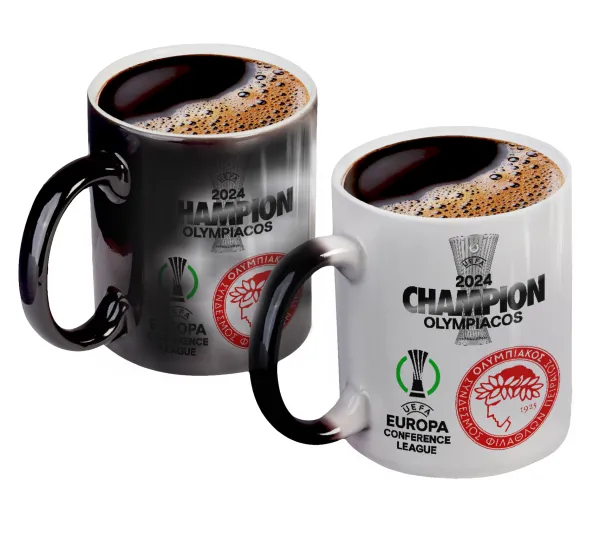 Olympiacos UEFA Europa Conference League Champion 2024 — Color changing magic Mug, ceramic, 330ml when adding hot liquid inside, the black colour desappears (1 pcs)
