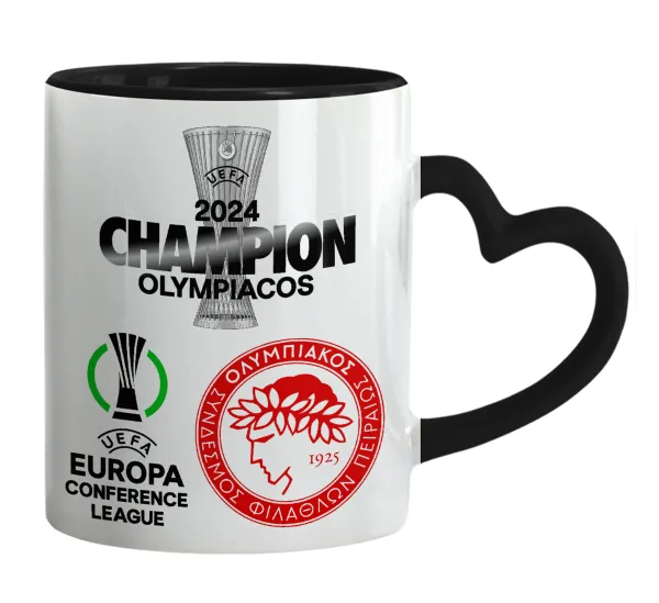 Olympiacos UEFA Europa Conference League Champion 2024 — Κούπα καρδιά χερούλι μαύρη, κεραμική, 330ml