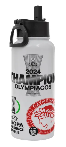 Olympiacos UEFA Europa Conference League Champion 2024 — Metal mug thermo White with Straw and Spout Lid (Stainless steel), double wall, 950ml