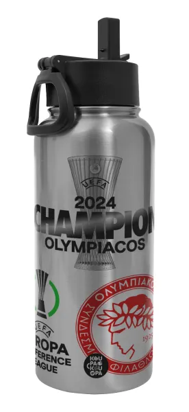 Olympiacos UEFA Europa Conference League Champion 2024 — Metal mug thermo Silver with Straw and Spout Lid (Stainless steel), double wall, 950ml