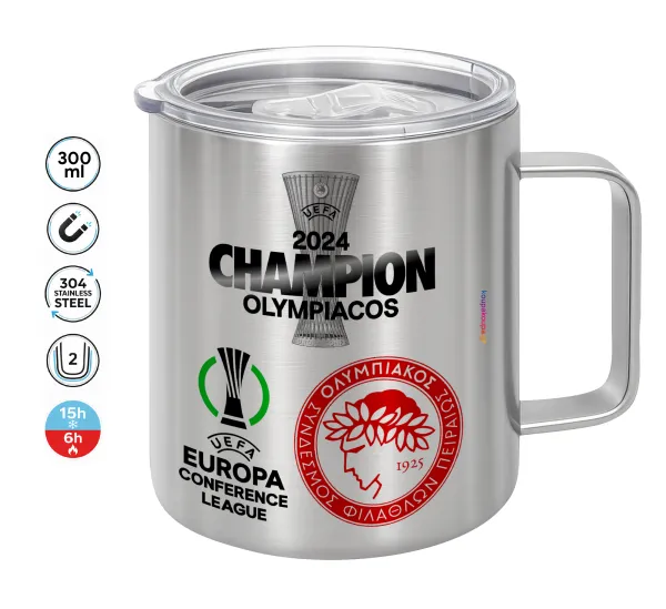 Olympiacos UEFA Europa Conference League Champion 2024 — Double-walled stainless steel mug 300ml with temperature-retaining lid