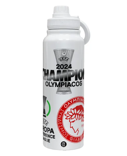 Olympiacos UEFA Europa Conference League Champion 2024 — Θερμός 1L Ανοξείδωτο με Βάση Κινητού & Διπλά Τοιχώματα
