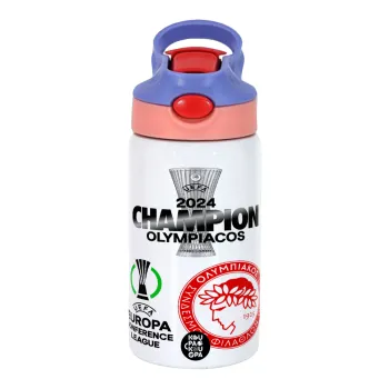 Olympiacos UEFA Europa Conference League Champion 2024, Children's hot water bottle, stainless steel, with safety straw, pink/purple (350ml)