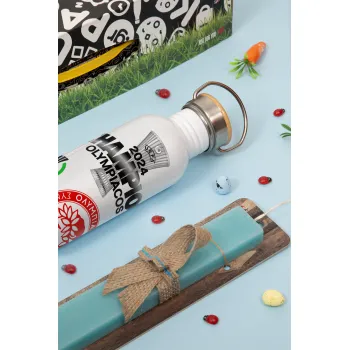 Olympiacos UEFA Europa Conference League Champion 2024, Πασχαλινή Λαμπάδα με παγούρι μεταλλικό (620ml, stainless steel) & κερί αρωματικό πλακέ (30cm) (ΤΙΡΚΟΥΑΖ)