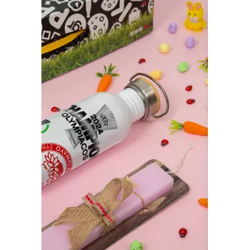 Olympiacos UEFA Europa Conference League Champion 2024, Πασχαλινή Λαμπάδα με παγούρι μεταλλικό (620ml, stainless steel) & κερί αρωματικό πλακέ (30cm) (ΡΟΖ)