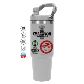 Olympiacos UEFA Europa Conference League Champion 2024, GREY color, 890ml (30oz) stainless Steel Tumbler with Handle