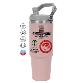 Olympiacos UEFA Europa Conference League Champion 2024, Pink color, 890ml (30oz) stainless Steel Tumbler with Handle