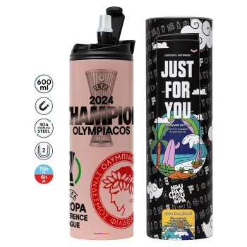 Olympiacos UEFA Europa Conference League Champion 2024, Tumbler stainless steel PINK 600ml