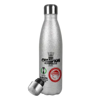 Olympiacos UEFA Europa Conference League Champion 2024, Μεταλλικό παγούρι θερμός Glitter Aσημένιο (Stainless steel), διπλού τοιχώματος, 500ml