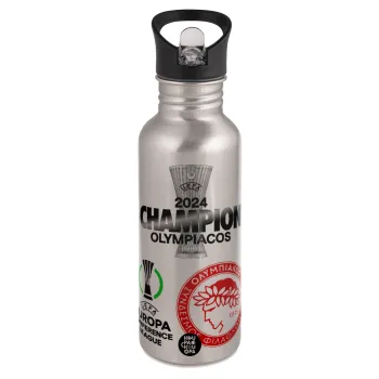 Olympiacos UEFA Europa Conference League Champion 2024, Παγούρι νερού Ασημένιο με καλαμάκι, ανοξείδωτο ατσάλι 600ml