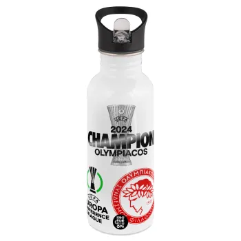 Olympiacos UEFA Europa Conference League Champion 2024, Παγούρι νερού Λευκό με καλαμάκι, ανοξείδωτο ατσάλι 600ml