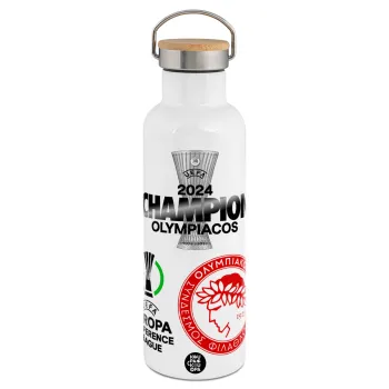 Olympiacos UEFA Europa Conference League Champion 2024, Μεταλλικό παγούρι θερμός (Stainless steel) Λευκό με ξύλινο καπάκι (bamboo), διπλού τοιχώματος, 750ml