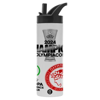 Olympiacos UEFA Europa Conference League Champion 2024, Μεταλλικό παγούρι θερμός με καλαμάκι & χειρολαβή, ανοξείδωτο ατσάλι (Stainless steel 304), διπλού τοιχώματος, 600ml
