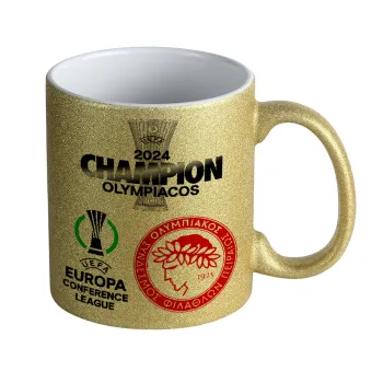 Olympiacos UEFA Europa Conference League Champion 2024, Κούπα Χρυσή Glitter που γυαλίζει, κεραμική, 330ml