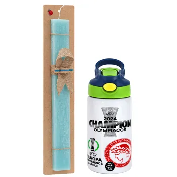 Olympiacos UEFA Europa Conference League Champion 2024, Easter Set, Children's thermal stainless steel bottle with safety straw, green/blue (350ml) & aromatic flat Easter candle (30cm) (TURQUOISE)