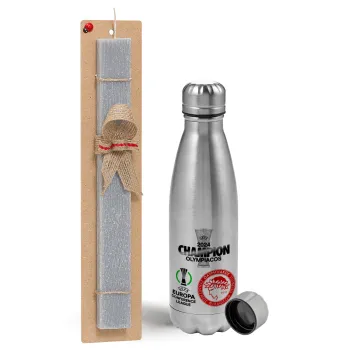 Olympiacos UEFA Europa Conference League Champion 2024, Easter Set, metallic Inox water bottle (750ml) & aromatic flat Easter candle (30cm) (GRAY)