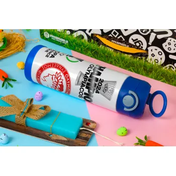 Olympiacos UEFA Europa Conference League Champion 2024, Πασχαλινή Λαμπάδα με Παιδικό παγούρι θερμό, ανοξείδωτο, με καλαμάκι ασφαλείας, ΜΠΛΕ (500ml)