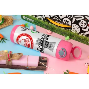 Olympiacos UEFA Europa Conference League Champion 2024, Easter candle, Childrens hot water bottle, stainless steel, with safety straw, PINK (500ml)