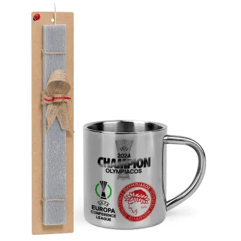 Olympiacos UEFA Europa Conference League Champion 2024, Πασχαλινή Λαμπάδα με μεταλλική κούπα θερμό (300ml) & κερί αρωματικό πλακέ (30cm) (ΓΚΡΙ)