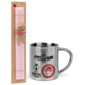 Olympiacos UEFA Europa Conference League Champion 2024, Easter Set, metallic thermal cup (300ml) & aromatic flat Easter candle (30cm) (PINK)