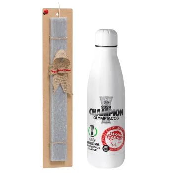 Olympiacos UEFA Europa Conference League Champion 2024, Easter Set, metallic stainless thermos bottle (500ml) & scented flat Easter candle (30cm) (GRAY)