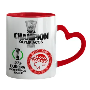 Olympiacos UEFA Europa Conference League Champion 2024, Mug heart red handle, ceramic, 330ml