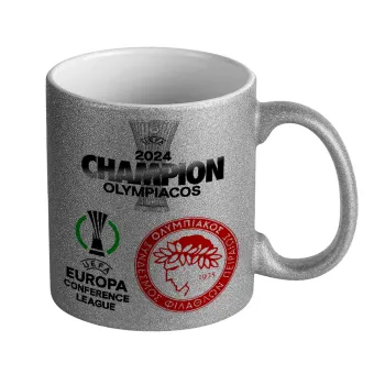 Olympiacos UEFA Europa Conference League Champion 2024, Κούπα Ασημένια Glitter που γυαλίζει, κεραμική, 330ml