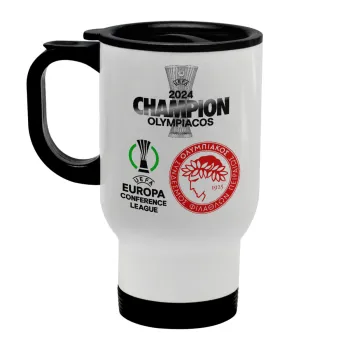 Olympiacos UEFA Europa Conference League Champion 2024, Stainless steel travel mug with lid, double wall white 450ml