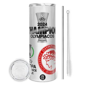 Olympiacos UEFA Europa Conference League Champion 2024, Tumbler stainless steel 600ml, with metal straw & cleaning brush