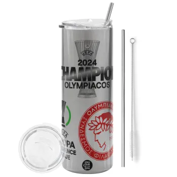 Olympiacos UEFA Europa Conference League Champion 2024, Tumbler ποτήρι θερμό Ασημένιο από ανοξείδωτο ατσάλι 600ml, με μεταλλικό καλαμάκι & βούρτσα καθαρισμού