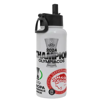 Olympiacos UEFA Europa Conference League Champion 2024, Metal mug thermo White with Straw and Spout Lid (Stainless steel), double wall, 950ml
