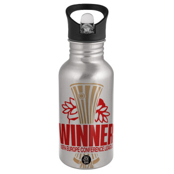 Europa Conference League WINNER, Water bottle Silver with straw, stainless steel 500ml