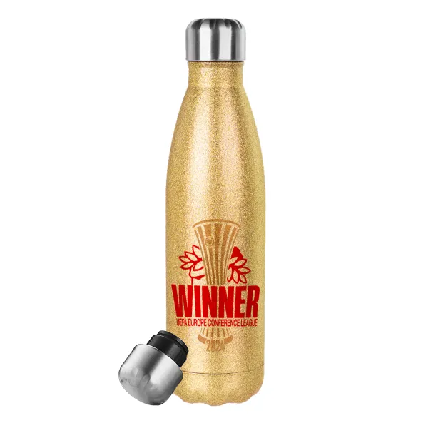Europa Conference League WINNER — Glitter gold stainless steel thermos bottle, double-walled, 500ml