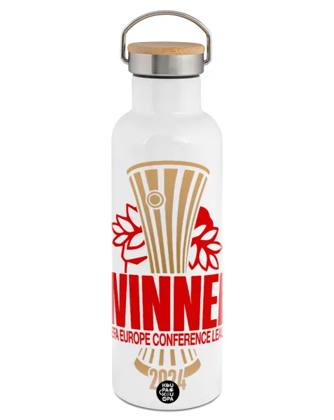 Europa Conference League WINNER — Stainless steel White with wooden lid (bamboo), double wall, 750ml