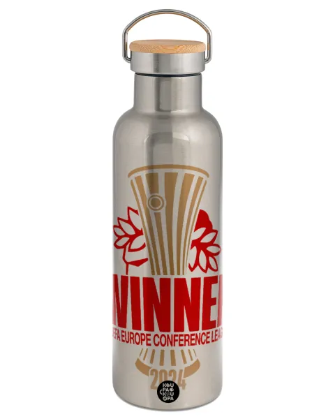 Europa Conference League WINNER — Stainless steel Silver with wooden lid (bamboo), double wall, 750ml