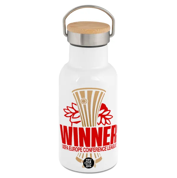 Europa Conference League WINNER — Metallic thermos (Stainless steel) White with wooden lid (bamboo), double-walled, 350ml
