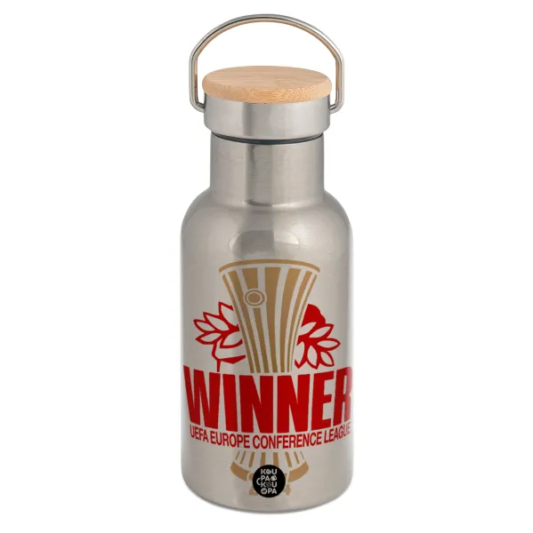 Europa Conference League WINNER — Stainless steel metallic thermos flask, silver with a bamboo lid, double-walled, 350ml.