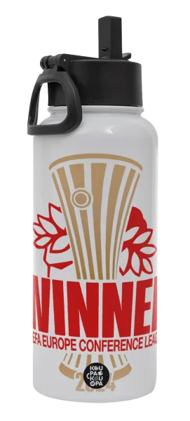 Europa Conference League WINNER — Metal mug thermo White with Straw and Spout Lid (Stainless steel), double wall, 950ml